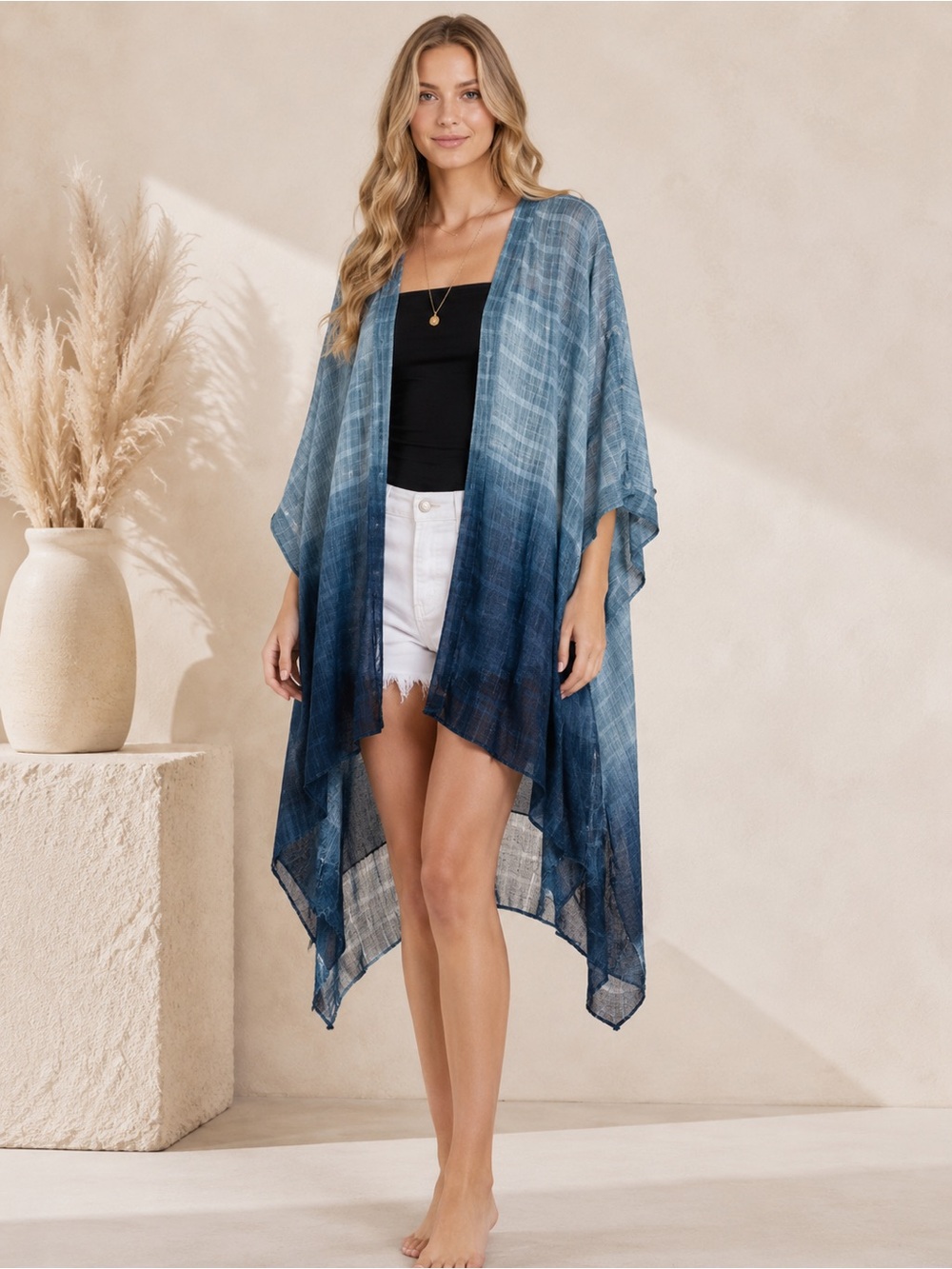 Women’s Kimono Blue Ombre Plaid Swimsuit Cover Up Boho Cardigan Summer One Size
